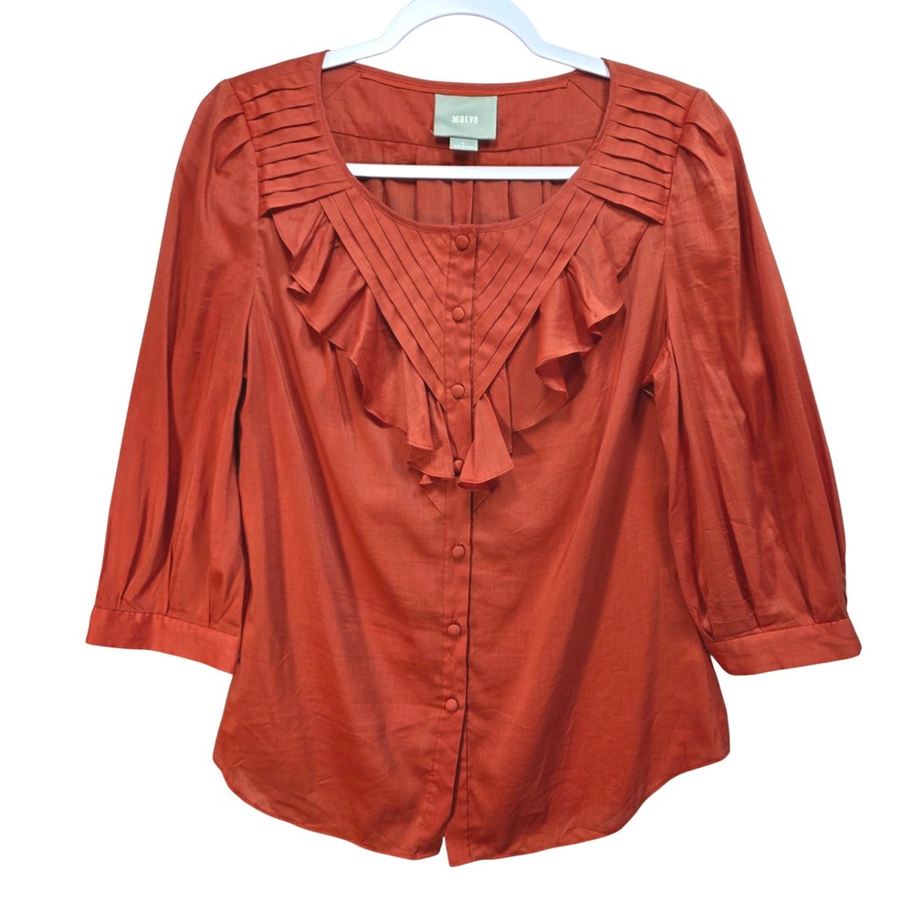 Maeve by Anthropologie Nicoleta Blouse Womens 6 Ruffle Pintuck Burnt Orange Fall
